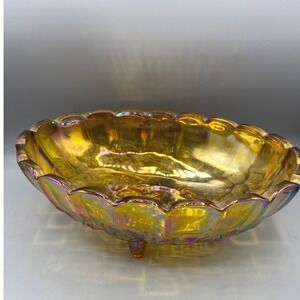 Vtg Indiana Iridescent Amber Carnival Glass Footed Bowl Gold Grape Design‎